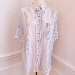 DEX 100% Linen Loose Fitting White Blue Pinstripe Short Sleeve Button Down Shirt